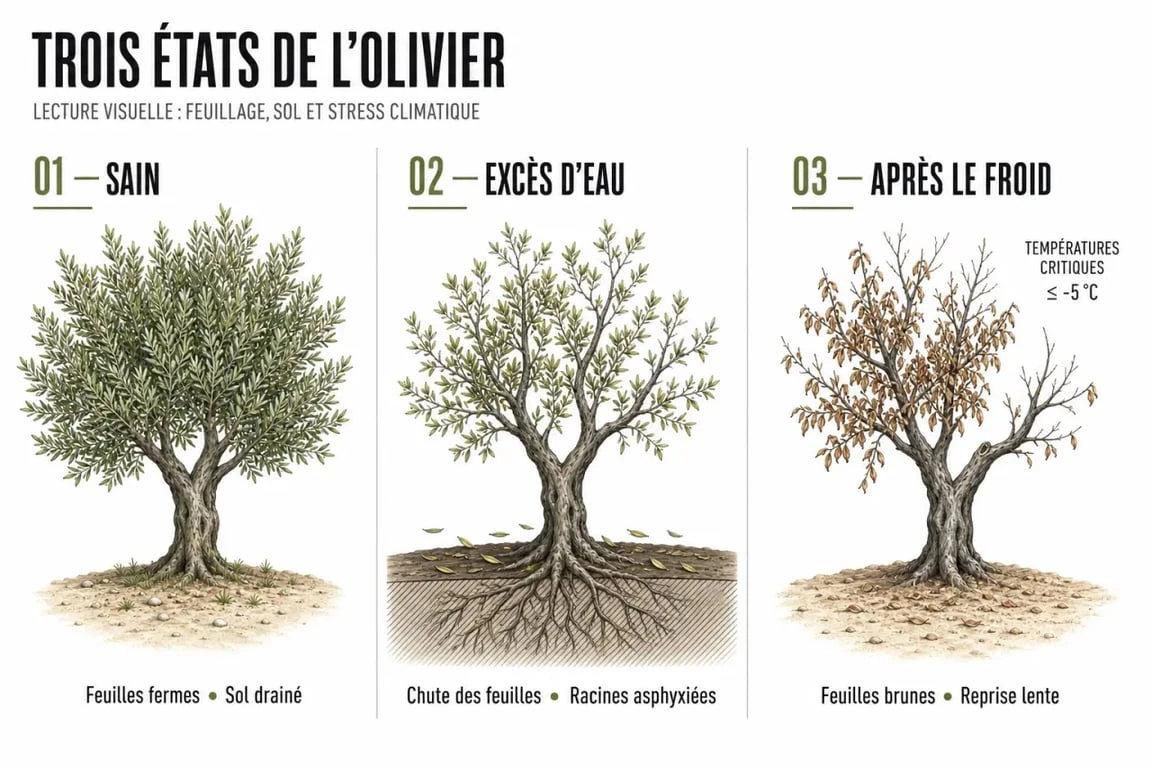 Olivier qui perd ses feuilles : comparaison visuelle entre arbre sain, excès d’eau et gel