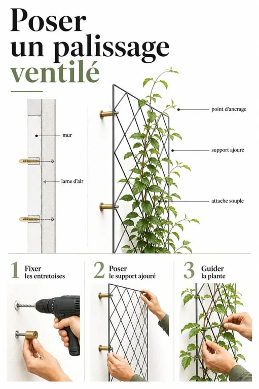 Plantes grimpantes mur : pose d’un palissage avec distance entre mur et végétation