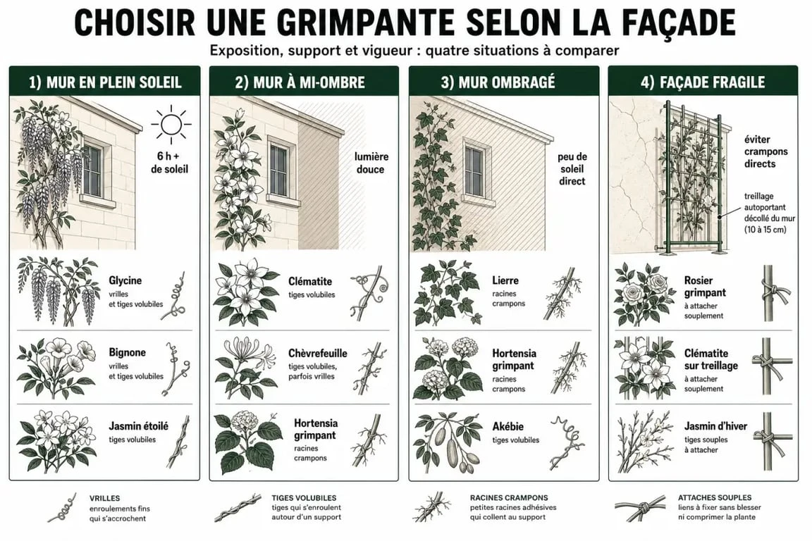 Plantes grimpantes mur : comparaison des plantes adaptées selon l’exposition et l’état de la façade
