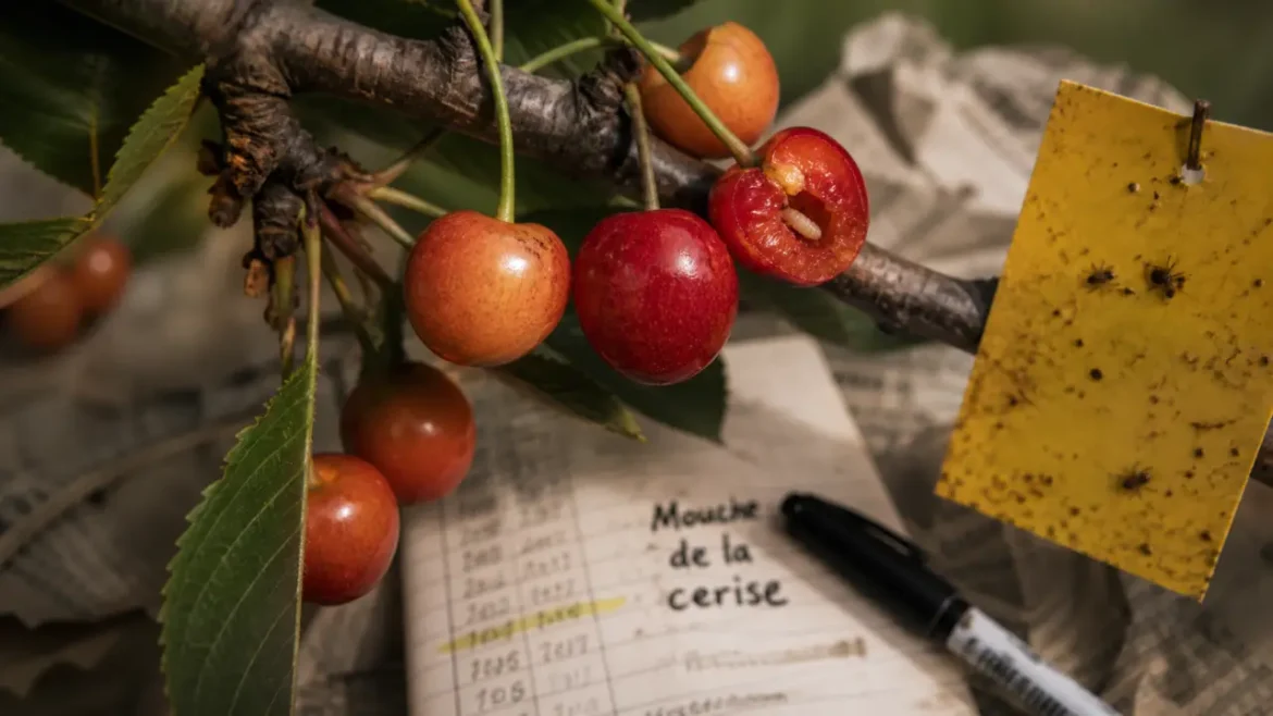 La mouche de la cerise sur cerises à la véraison, piège jaune pour éviter les vers
