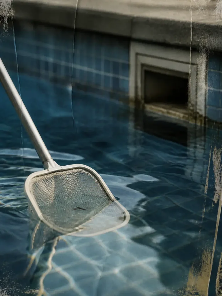 Larves de moustiques dans la piscine : filtration 24 h, chlore choc et gestes pour éviter leur retour Larve de moustique piscine près de la surface, epuisette