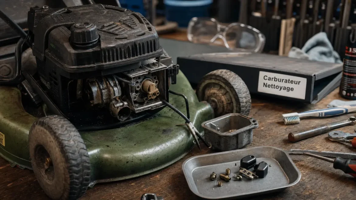 Nettoyer carburateur tondeuse : carburateur démonté et pièces à nettoyer