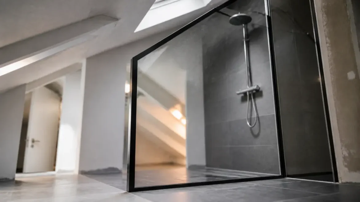Paroi douche sous pente avec pan coupé en verre 8 mm