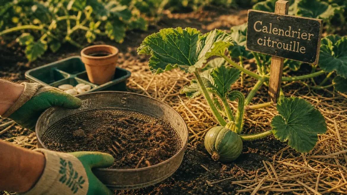 Planter citrouilles : jeune plant, sol amendé et paillage