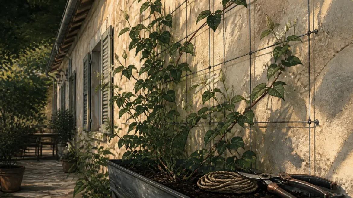 Mur fragile, mur sain, ITE : quelles plantes grimpantes choisir sans abîmer la façade ? Plantes grimpantes mur : clématite guidée sur treillis, façade en enduit ancien