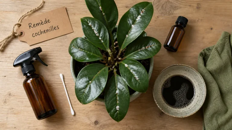 Savon noir, huile de colza, alcool à 90° : le remède maison qui fait vraiment reculer les cochenilles Remede de grand mere contre les cochenilles, savon noir et alcool à 90° sur plante en pot