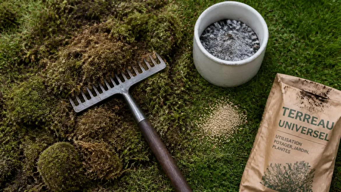 Remède de grand-mère pour enlever la mousse dans la pelouse : râteau, cendre et scarification