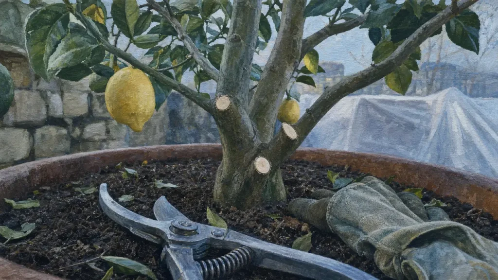 Taille des agrumes après gelées : coupe au sécateur sur citronnier en pot