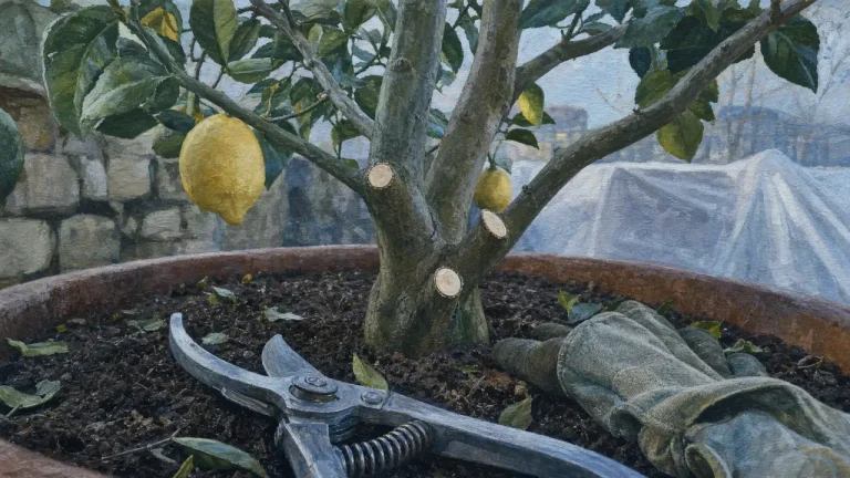 Après les gelées, tailler les agrumes sans les fragiliser ni freiner la fructification Taille des agrumes après gelées : coupe au sécateur sur citronnier en pot