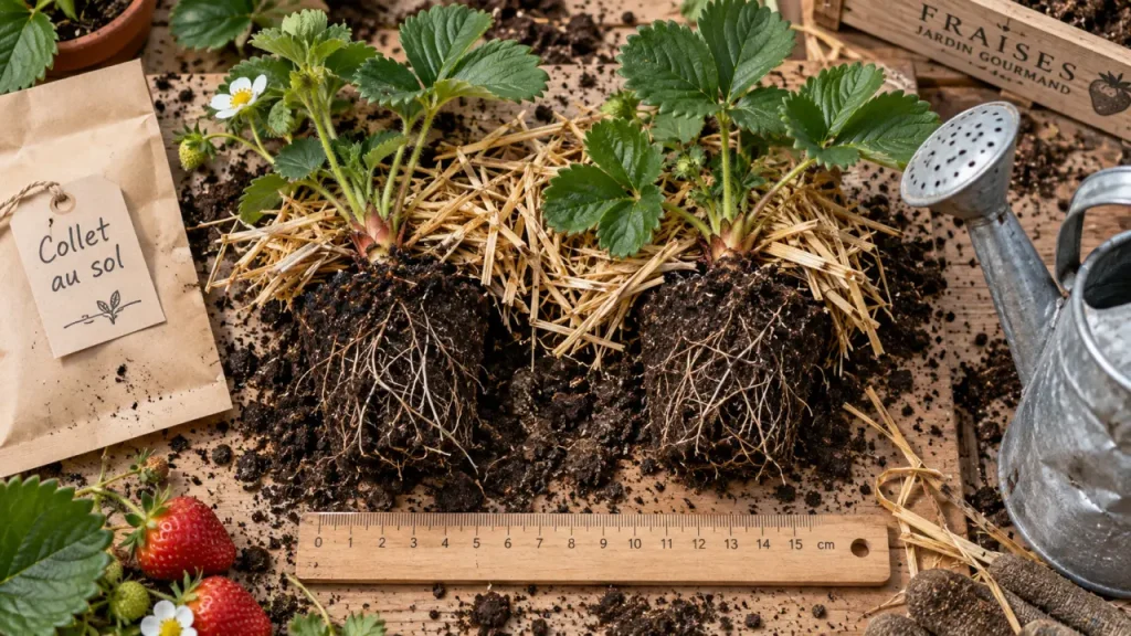 Cultiver la fraise : collet enterré au niveau du sol pour éviter la pourriture des plants