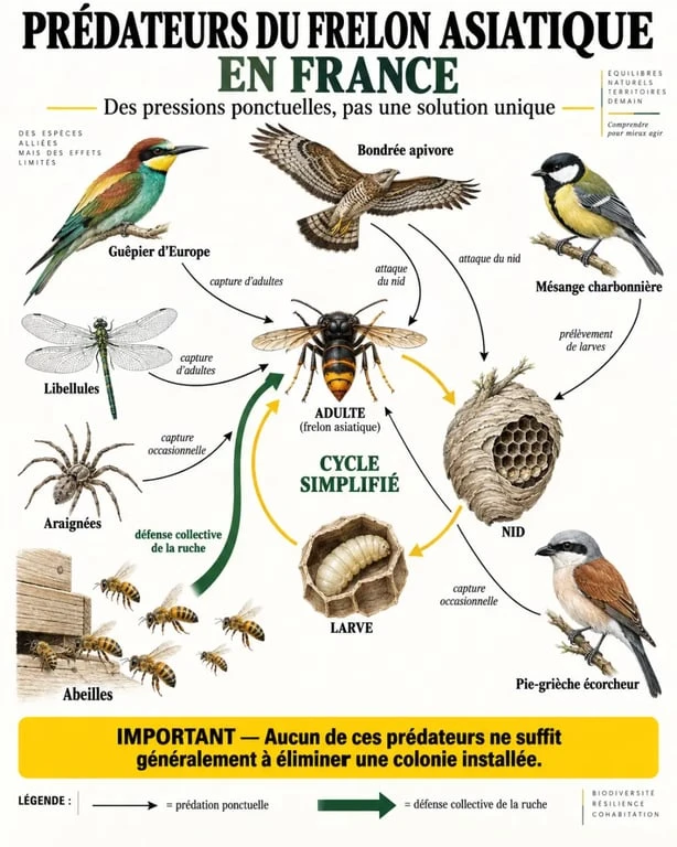 Infographie sur les prédateurs frelons et les stades du frelon asiatique ciblés en France