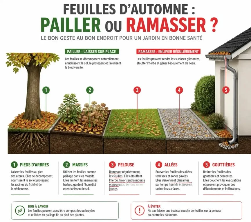 Infographie illustrant où ramasser les feuilles mortes dans le jardin pour favoriser la biodiversité