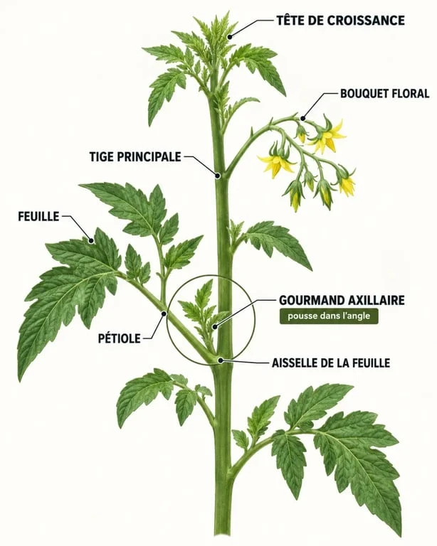 Gourmands tomates : schéma pour reconnaître le gourmand à l’aisselle d’une feuille