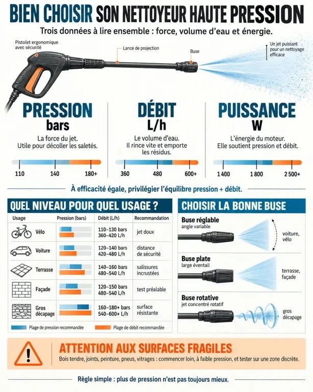 Infographie comparative pour choisir un top 10 nettoyeur haute pression selon la pression, le débit et l’usage