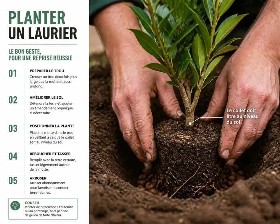 Plantation d'un laurier avec collet au niveau du sol et drainage au fond du trou