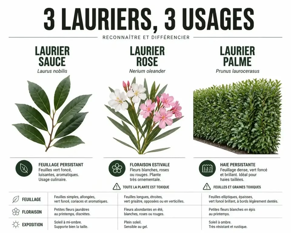 Comparaison laurier sauce, laurier-rose et laurier palme avant plantation