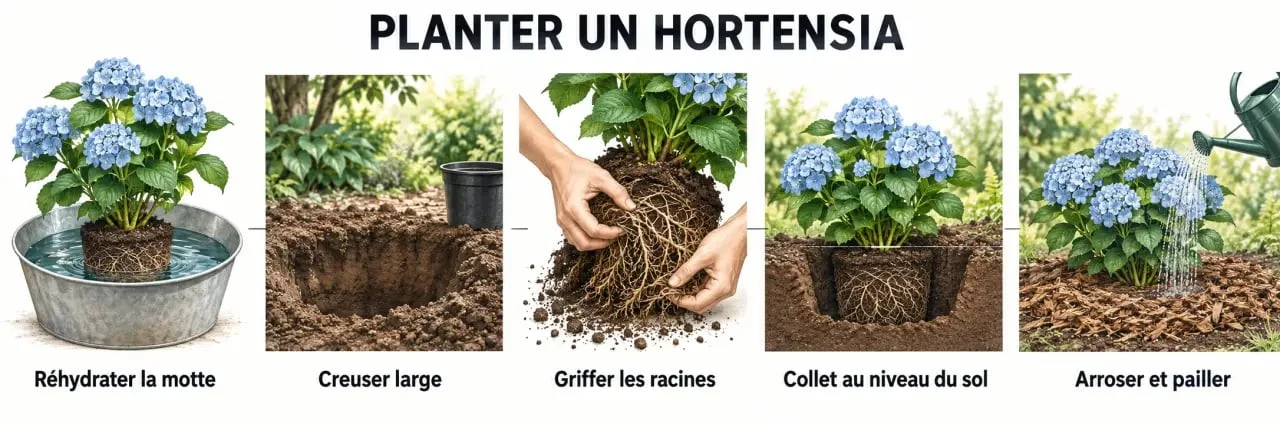 Étapes illustrées pour planter des hortensias en pleine terre, de la préparation de la motte au paillage