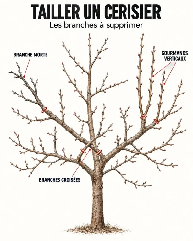 Illustration des branches à tailler sur un cerisier pour favoriser la fructification