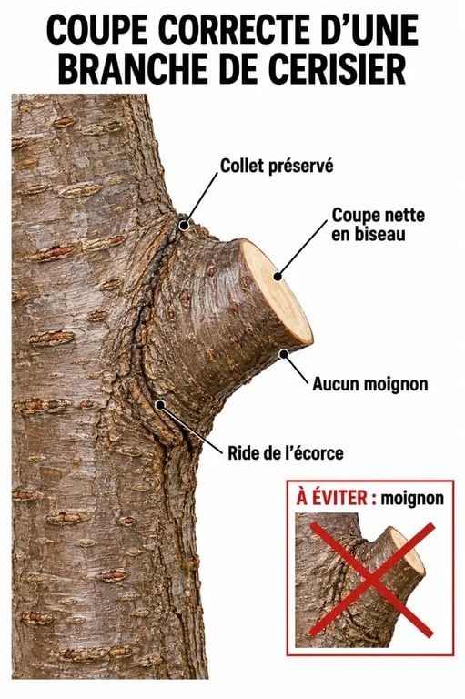 Schéma de coupe propre d'une branche de cerisier au niveau du collet pour une taille réussie