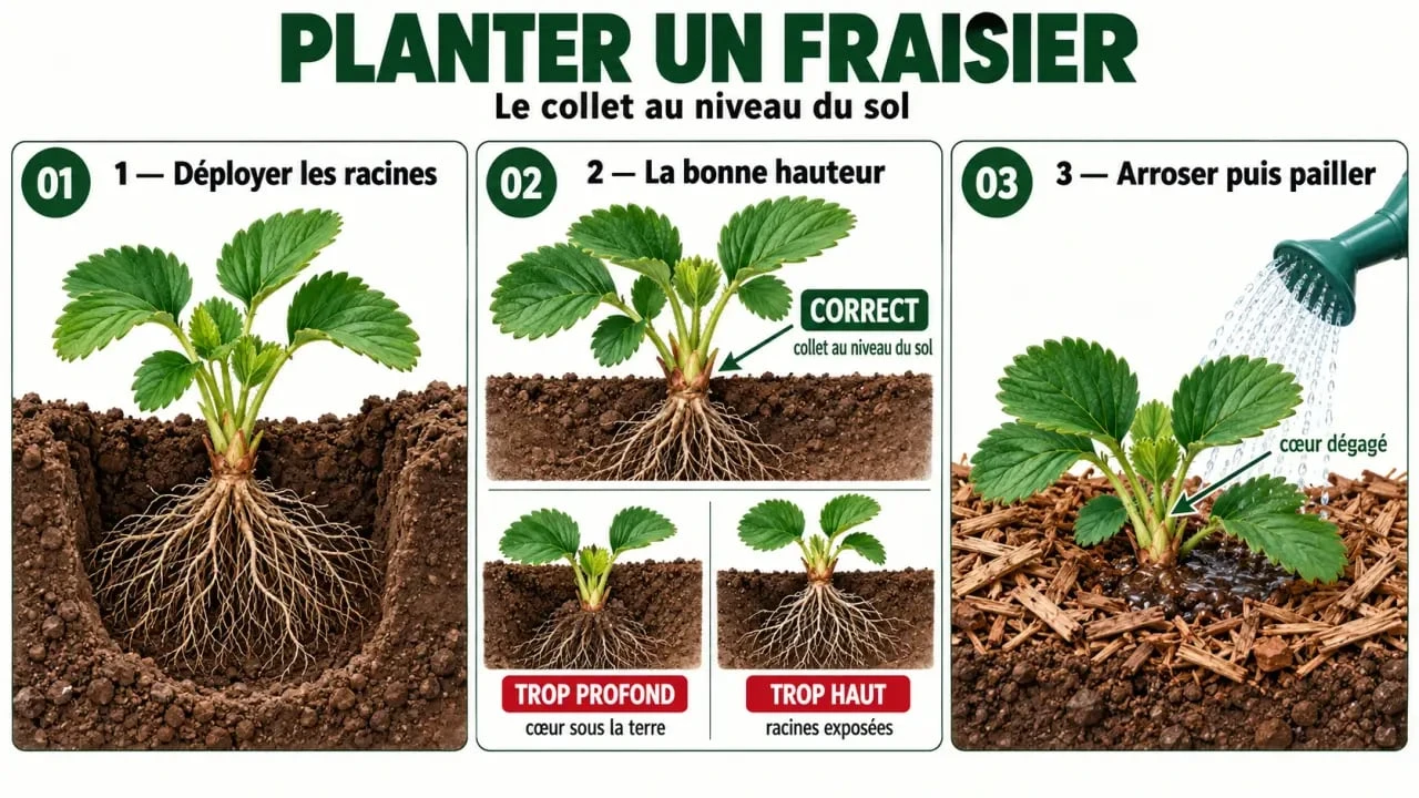 Illustration de plantation pour cultiver la fraise avec le collet du fraisier au niveau du sol
