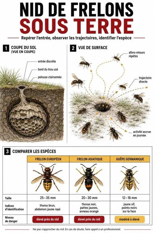Nid de frelons sous terre : infographie de reconnaissance et comparaison frelon européen, frelon asiatique et guêpe germanique