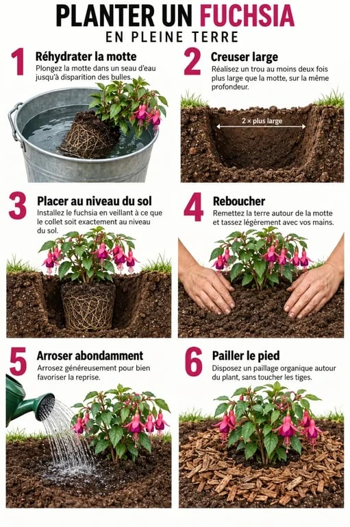 Étapes pour planter un fushia en pleine terre avec arrosage et paillage