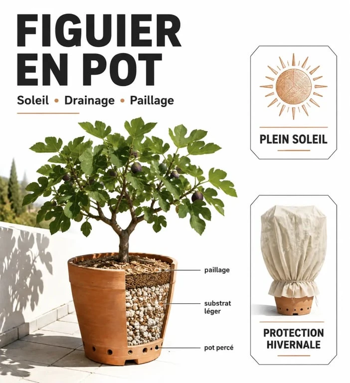 Figuier en pot extérieur sur une terrasse ensoleillée avec pot drainé et paillage