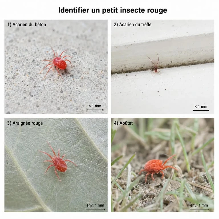 Comparatif visuel du petit insecte rouge dangereux sur terrasse, mur, plantes et herbe