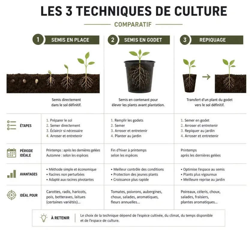 Techniques de jardinage : semis en place, semis en godet et repiquage pour le calendrier des plantations potager