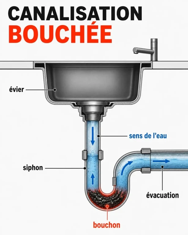 Canalisation bouchée : schéma d’un siphon d’évier montrant où se forme le bouchon