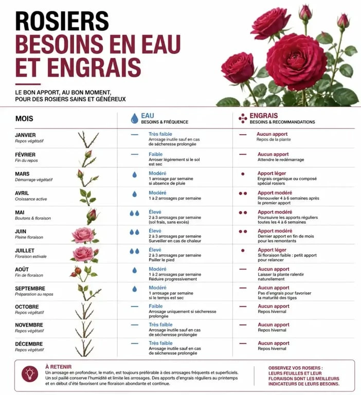 Calendrier saisonnier d'entretien rosier : arrosage et fertilisation