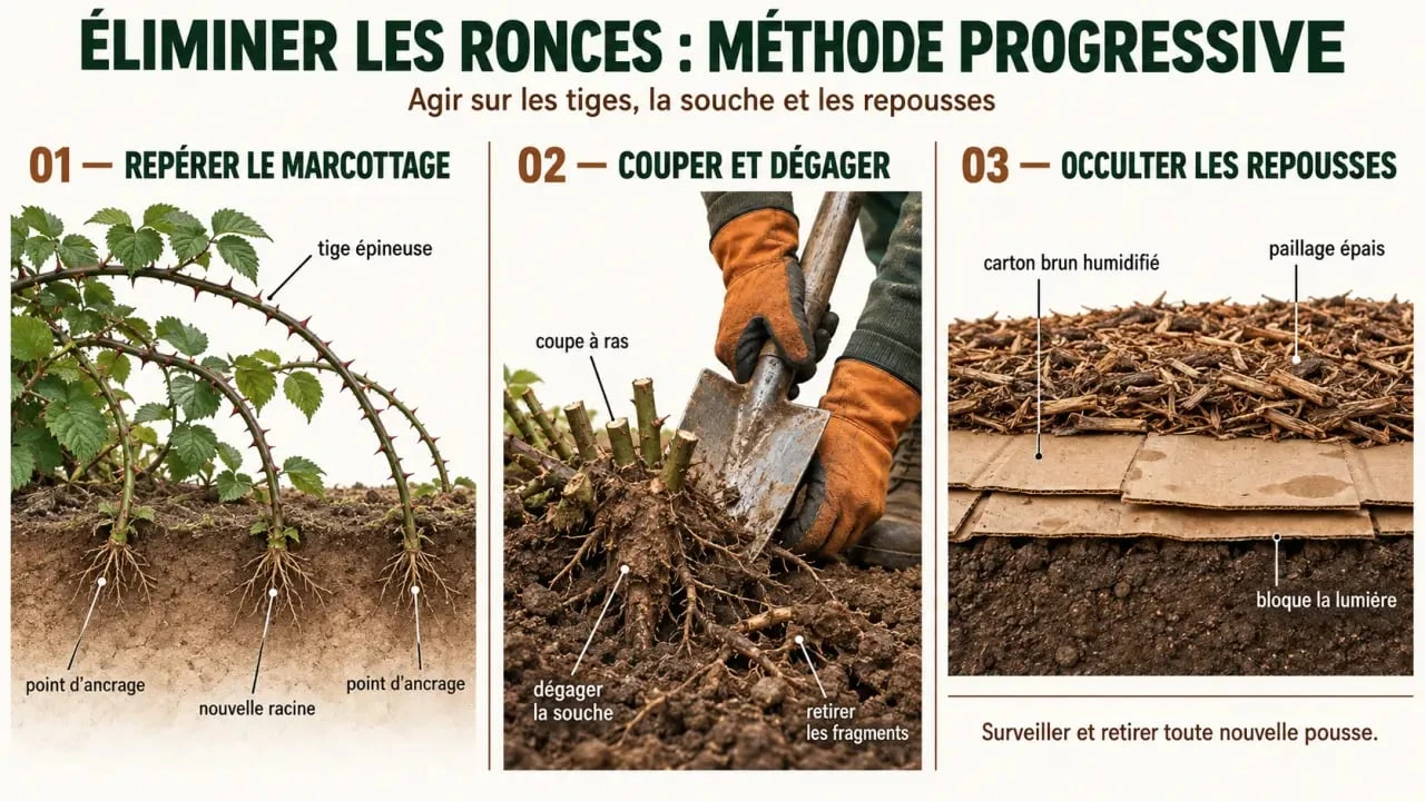 Quel produit pour tuer les ronces : schéma de coupe, traitement localisé de la souche et paillage contre les repousses