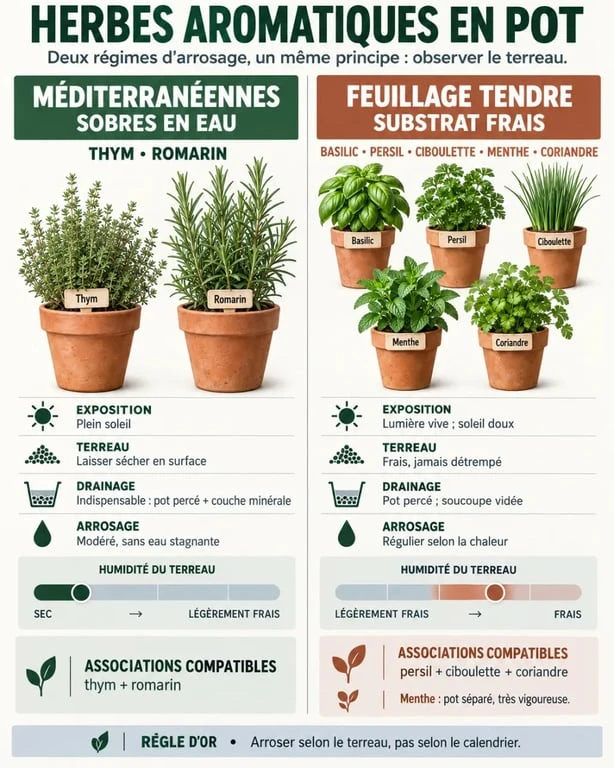 Infographie des besoins d’une herbe aromatique en pot selon l’exposition et l’arrosage