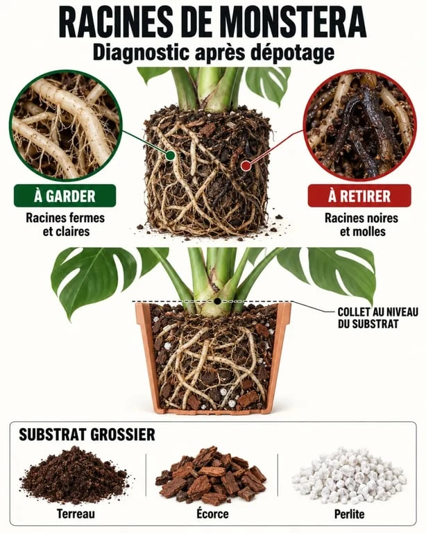 Monstera rempotage : reconnaître les racines saines et la pourriture racinaire