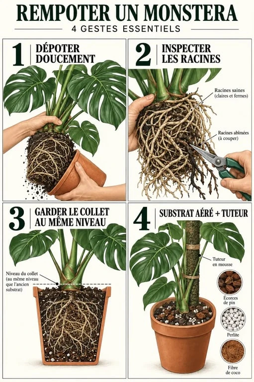 Monstera rempotage : étapes du dépotage, inspection des racines et installation du tuteur