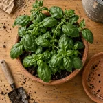 Faire pousser du basilic : pot de 5 litres avec basilic dense, terre humide visible