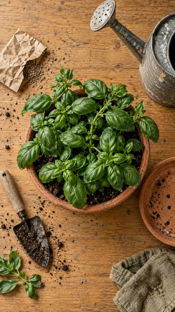 Faire pousser du basilic : pot de 5 litres avec basilic dense, terre humide visible