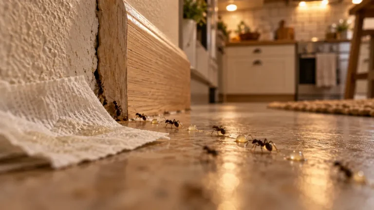 Produit pour tuer les fourmis : gel appât près du mur, fourmis visibles