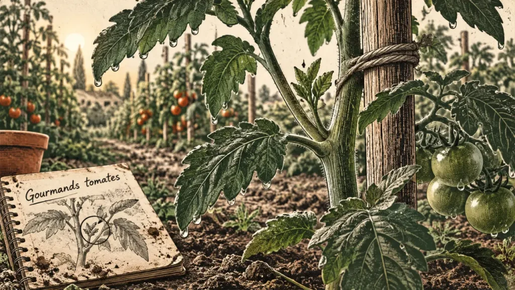 Gourmands tomates sur plant, tige axillaire visible et taillage
