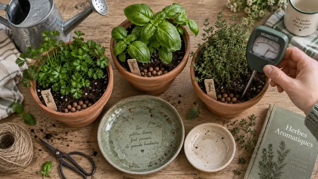 Herbe aromatique en pot avec drainage : racines protégées