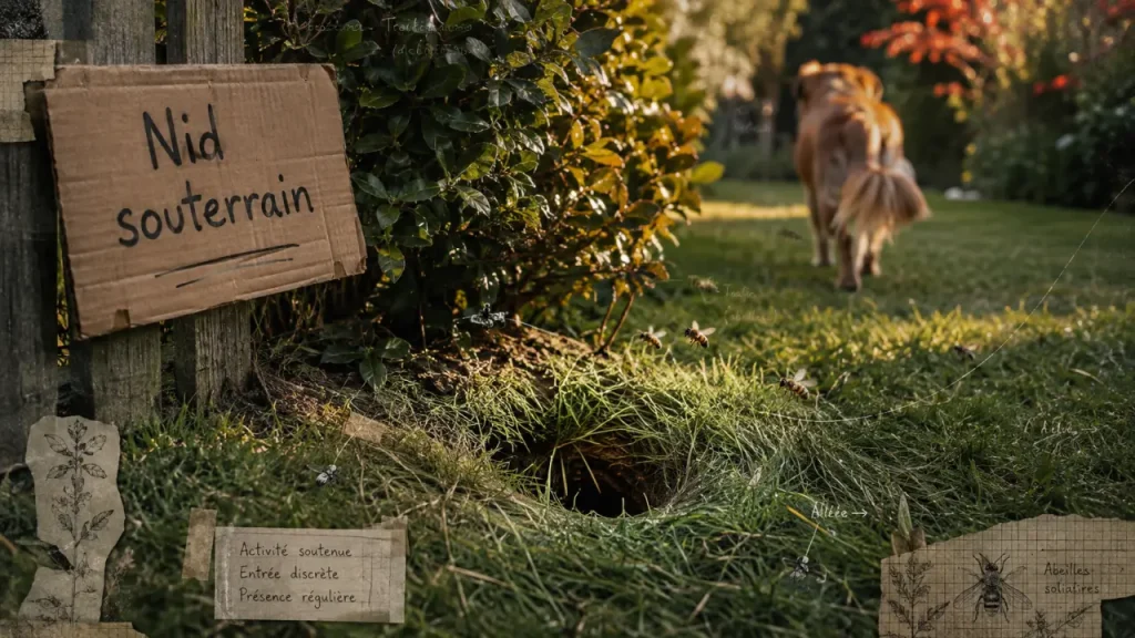 Nid de frelons sous terre : trou dans le sol, souvent une guêpe