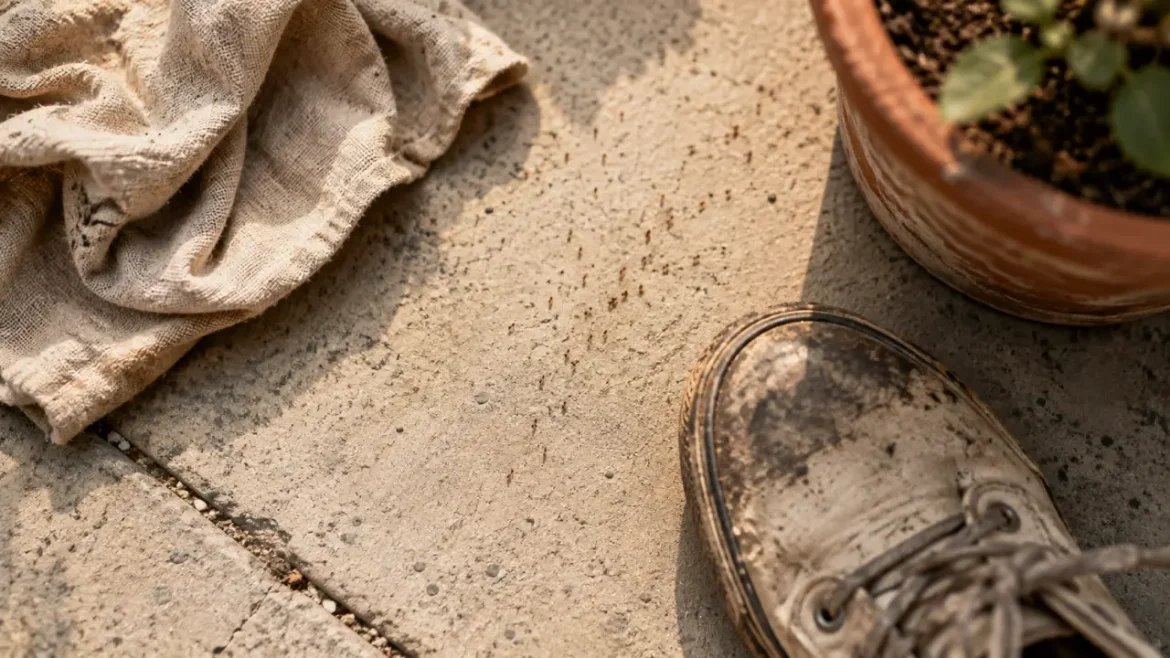 Petit insecte rouge dangereux ? Le plus souvent, un acarien rouge sur le béton Petit insecte rouge dangereux : acarien rouge sur béton clair