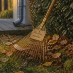 Ramassage des feuilles mortes au jardin, râteau sur pelouse humide