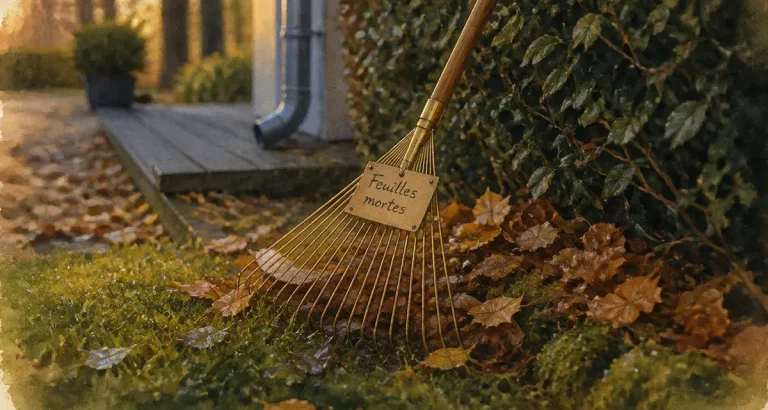 Ramassage des feuilles mortes au jardin, râteau sur pelouse humide