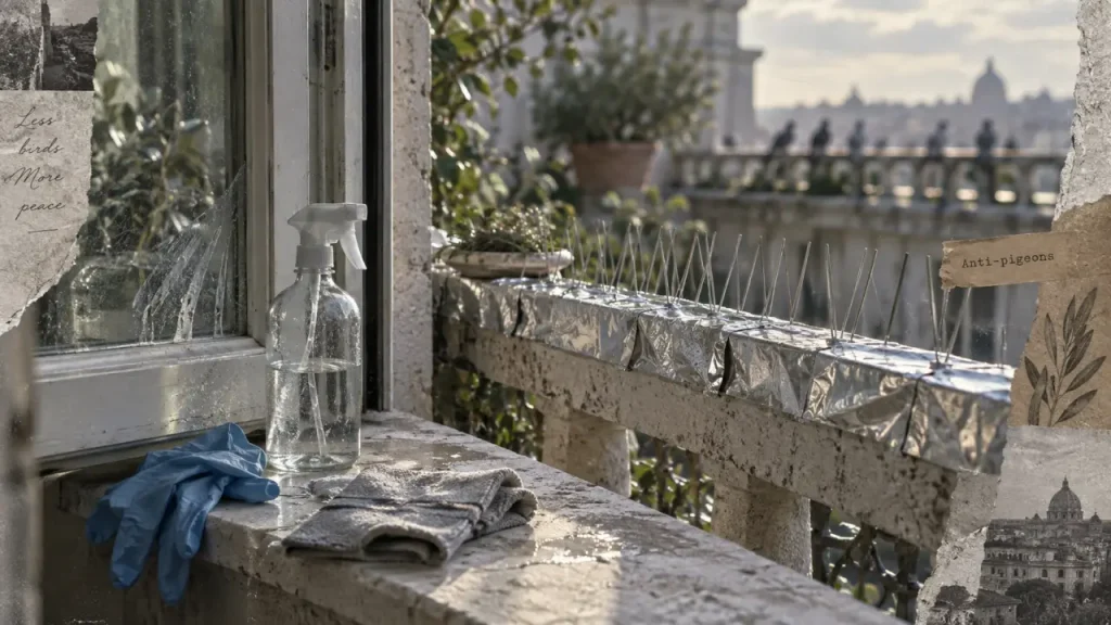 Recette de grand mere pour faire fuir les pigeons, anti-pigeons balcon avec ruban aluminium et pics