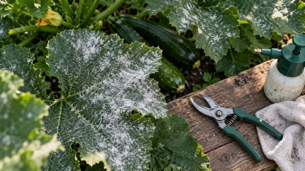 Traitement oidium courgette : feuilles de courgette couvertes de poudre blanche