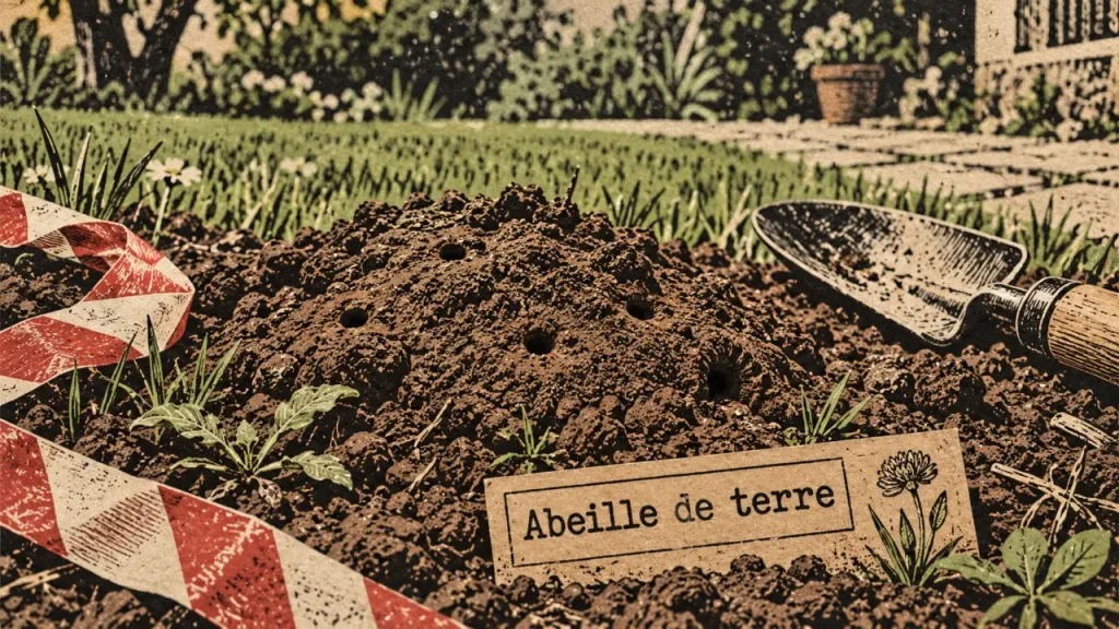 Abeille de terre danger : monticule de terre et entrée de galerie