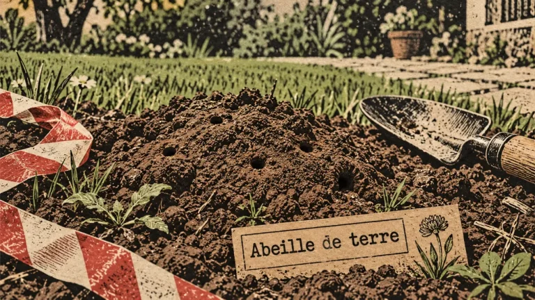 Abeille de terre danger : monticule de terre et entrée de galerie
