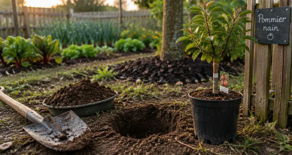 Arbres fruitiers nains en pleine terre : pommier nain planté au sol