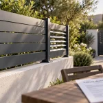 Clôture jardin aluminium anthracite pour préserver l’intimité, lames pleines et persiennes contre le vent